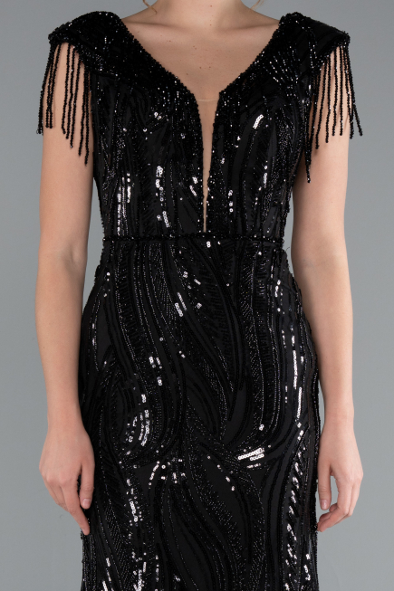 Abendkleid Lang Schuppig Schwarz ABU5030