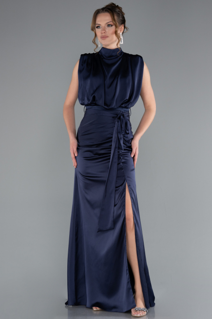 Abendkleid Lang Satin Marineblau ABU2133