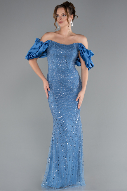 Blau Abendkleid İm Meerjungfrau-Stil Lang ABU4509
