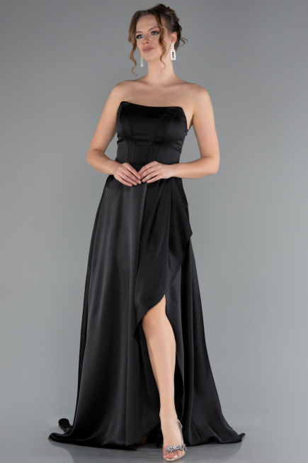 Abschlusskleid Lang Satin Schwarz ABU5023