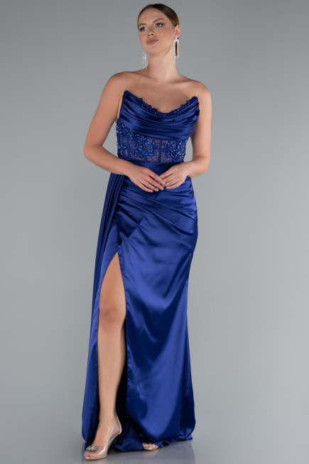 Marineblau Abendkleid Satin Lang ABU5035
