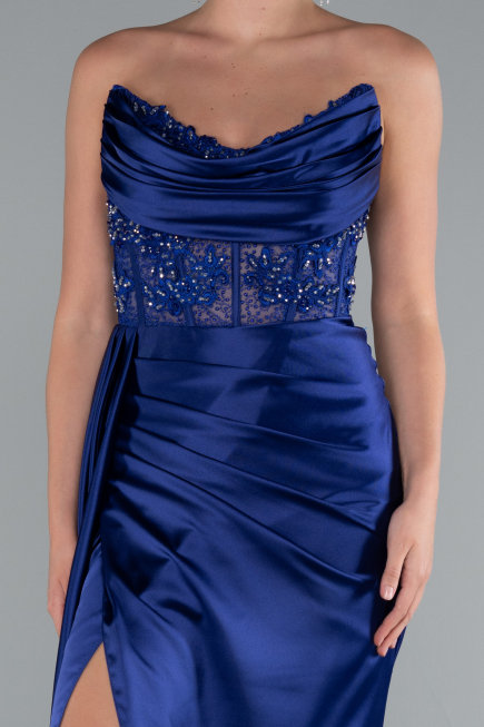 Marineblau Abendkleid Satin Lang ABU5035