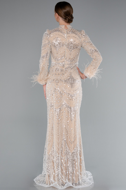 Hijab-Abendkleid Lang Perlenbesetzt Beige ABU5056