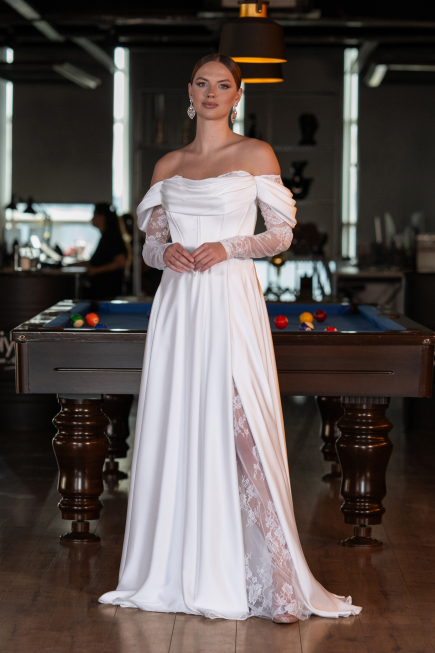 Standesamtkleid Lang Satin Weiß ABU5054