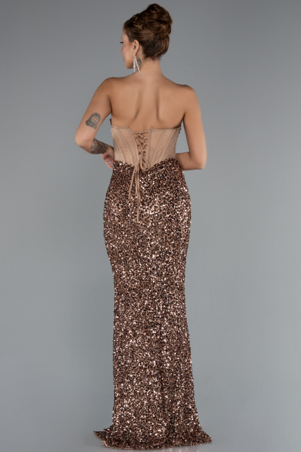 Abendkleid im Meerjungfrau-Stil Lang Schuppig Kupfer ABU4790