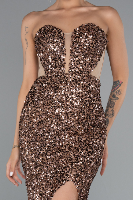 Abendkleid im Meerjungfrau-Stil Lang Schuppig Kupfer ABU4790