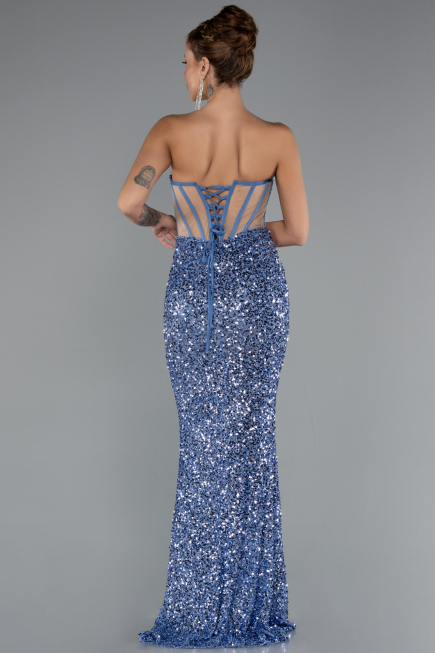 Abendkleid im Meerjungfrau-Stil Lang Schuppig Indigo ABU4790