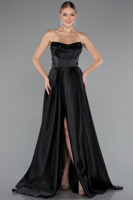 Standesamtkleid Lang Satin Schwarz ABU5064