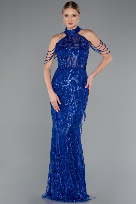 Abendkleid Lang Perlenbesetzt Sächsischblau ABU4912