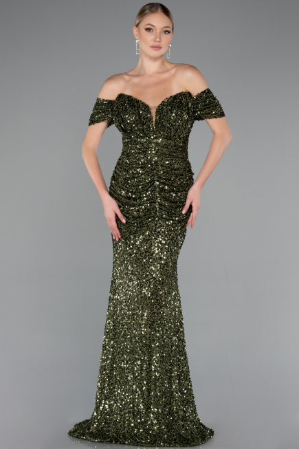 Khaki Abendkleid İm Meerjungfrau-Stil Schuppig Lang ABU4906
