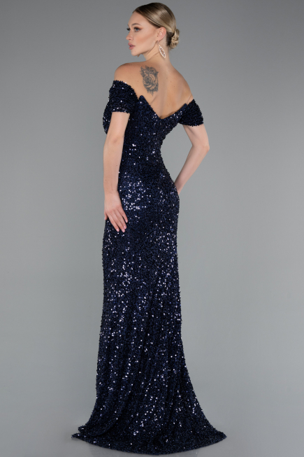 Abendkleid im Meerjungfrau-Stil Lang Schuppig Marineblau ABU4906