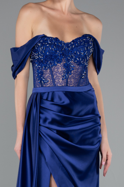 Marineblau Abendkleid Satin Lang ABU5034