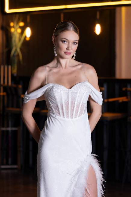 Abendkleid Lang Spitze Weiß ABU4270