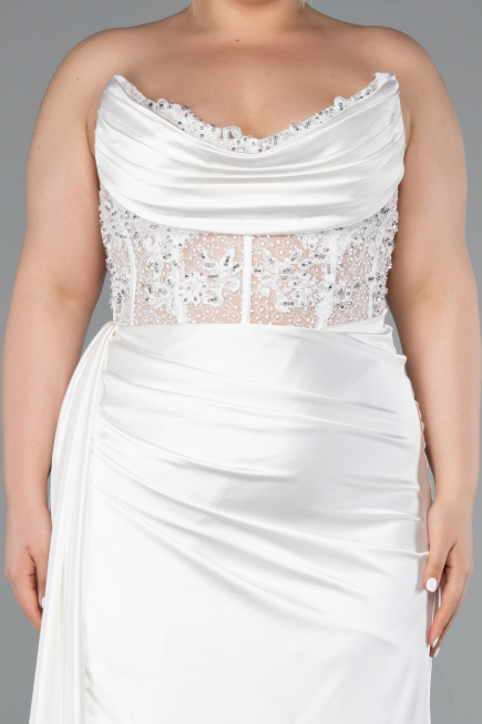 Weiß Abschlusskleid In Übergröße Satin Lang ABU3855