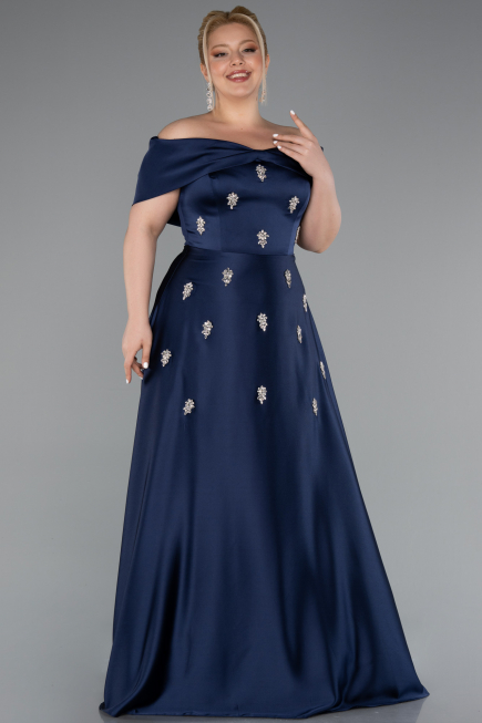 Kleider in Großen Größen Lang Satin Marineblau ABU5072