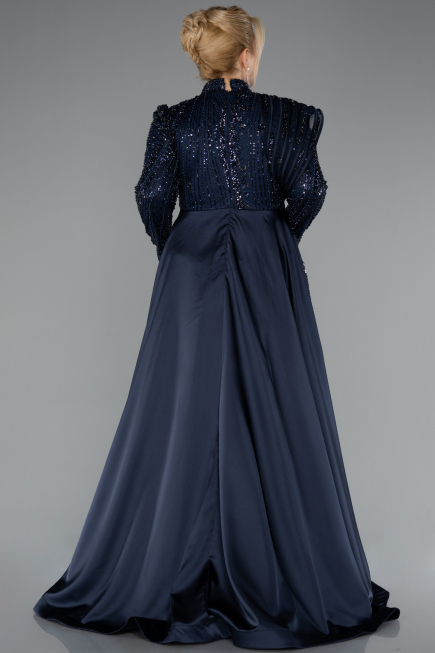 Hijab-Kleid İn Übergröße Lang Perlenbesetzt Marineblau ABU5083