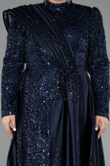 Hijab-Kleid İn Übergröße Lang Perlenbesetzt Marineblau ABU5083