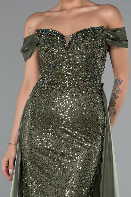 Abendkleid Lang Perlenbesetzt Khaki ABU5099