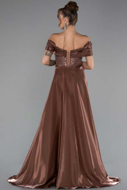 Abendkleid Lang Perlenbesetzt Braun ABU5099
