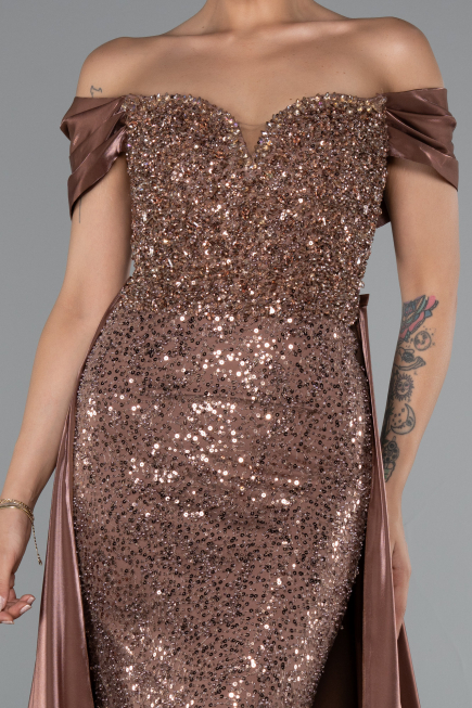 Abendkleid Lang Perlenbesetzt Braun ABU5099