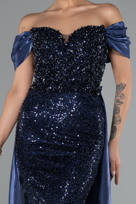 Abendkleid Lang Perlenbesetzt Marineblau ABU5099