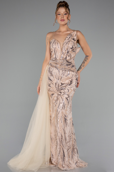 Gold Abendkleid Perlenbesetzt Lang ABU5003