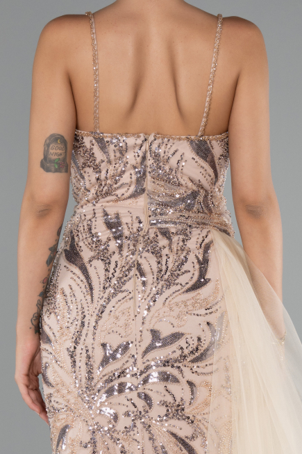 Gold Abendkleid Perlenbesetzt Lang ABU5003