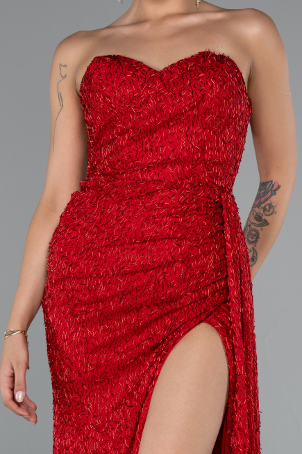 Rot Abendkleid Perlenbesetzt Lang ABU4871
