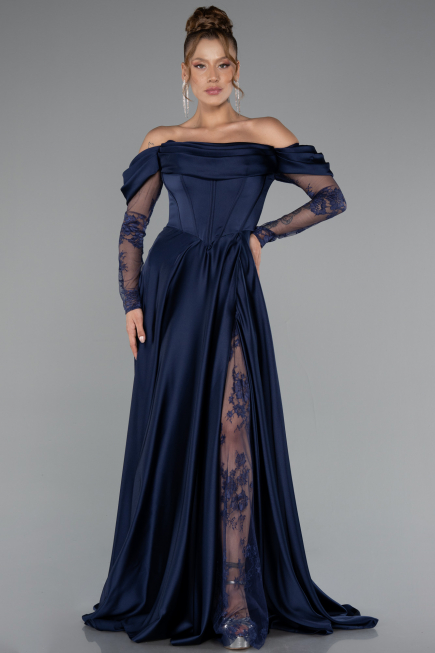 Marineblau Standesamtkleid Satin Lang ABU5054