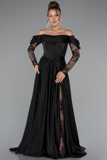 Schwarz Standesamtkleid Satin Lang ABU5054