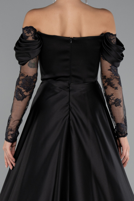 Schwarz Standesamtkleid Satin Lang ABU5054