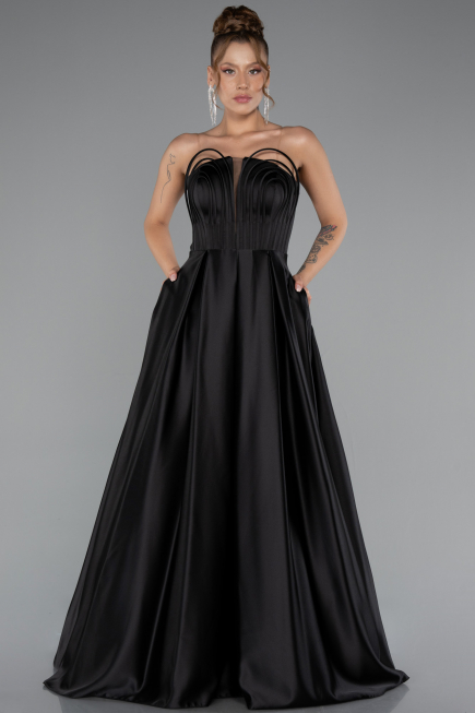 Abschlusskleid Lang Satin Schwarz ABU5105