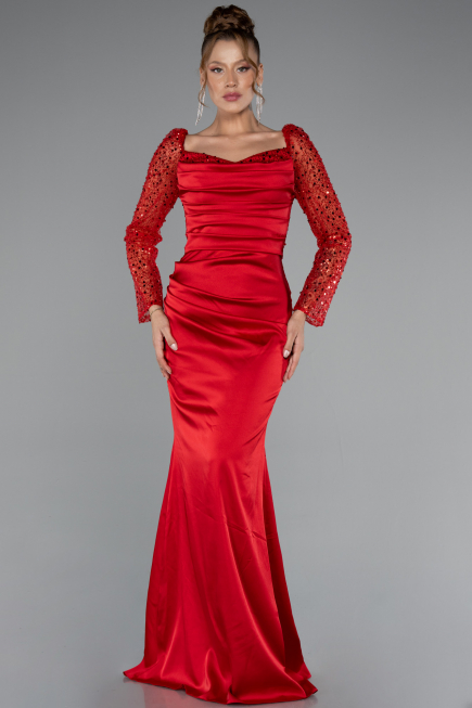 Rot Abendkleid İm Meerjungfrau-Stil Satin Lang ABU4332