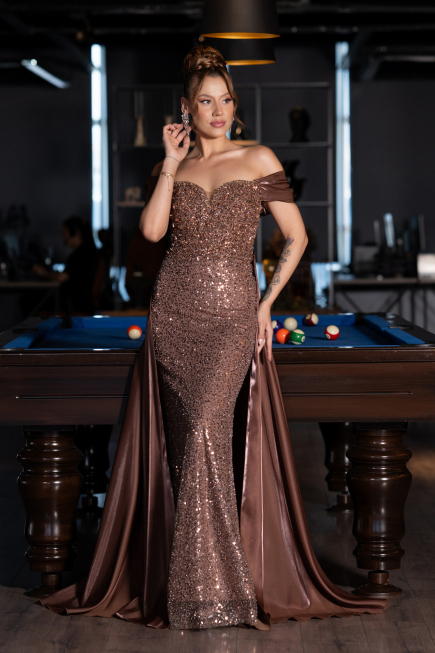 Abendkleid Lang Perlenbesetzt Braun ABU5099