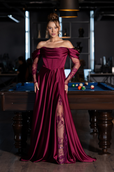 Pflaume Standesamtkleid Satin Lang ABU5054