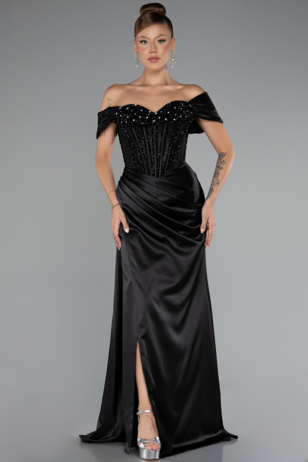 Abendkleid Lang Satin Schwarz ABU5130