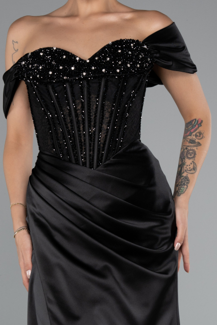 Abendkleid Lang Satin Schwarz ABU5130