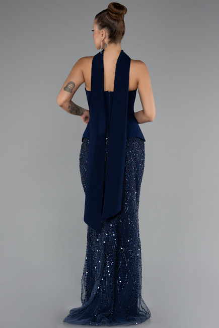 Abendkleid Lang Perlenbesetzt Marineblau ABU5131