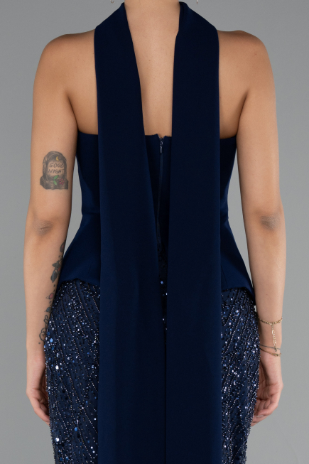 Abendkleid Lang Perlenbesetzt Marineblau ABU5131