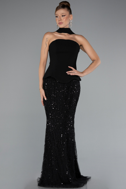 Abendkleid Lang Perlenbesetzt Schwarz ABU5131