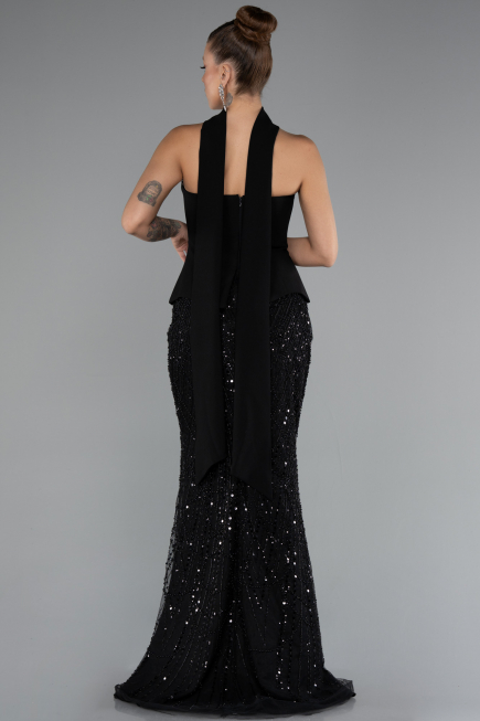 Abendkleid Lang Perlenbesetzt Schwarz ABU5131