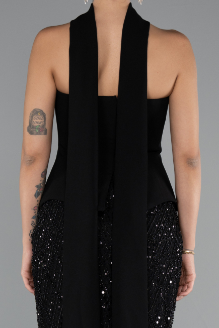 Abendkleid Lang Perlenbesetzt Schwarz ABU5131