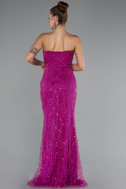 Abendkleid Lang Perlenbesetzt Fuchsie ABU5141