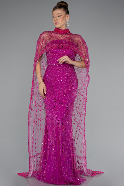 Abendkleid Lang Perlenbesetzt Fuchsie ABU5141