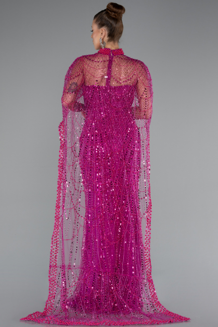 Abendkleid Lang Perlenbesetzt Fuchsie ABU5141