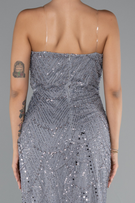 Abendkleid Lang Perlenbesetzt Grau ABU5141