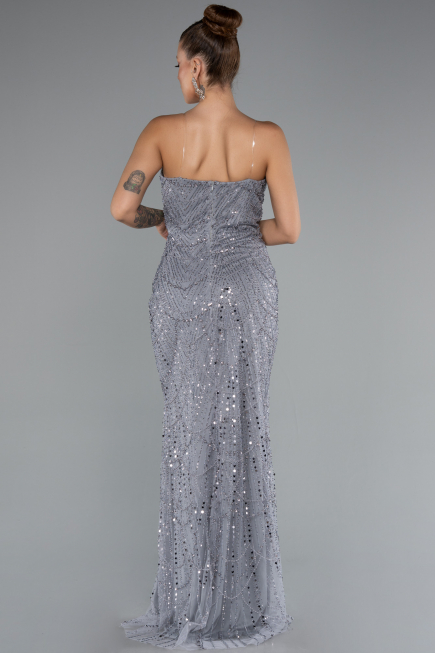 Abendkleid Lang Perlenbesetzt Grau ABU5141
