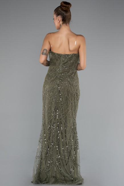 Abendkleid Lang Perlenbesetzt Khaki ABU5141