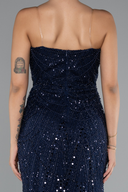 Abendkleid Lang Perlenbesetzt Marineblau ABU5141