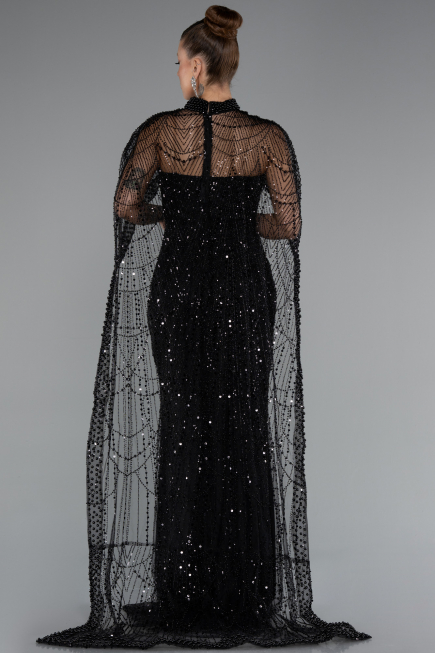 Abendkleid Lang Perlenbesetzt Schwarz ABU5141